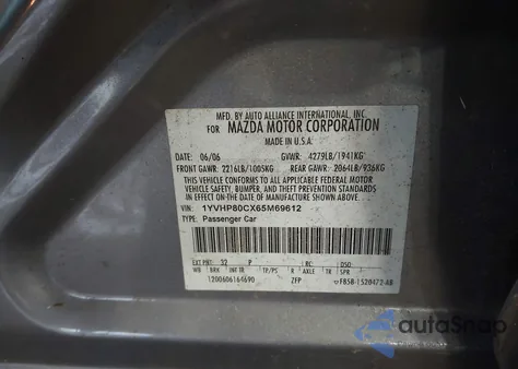 2006 Mazda Mazda6 I из США, поврежденный, VIN 1YVHP80CX65M69612